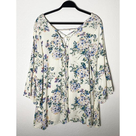 Torrid Women's Cream Floral Print Gauze V Neck Corset Tie Back Gauze Bell Sleeve - Picture 4 of 12